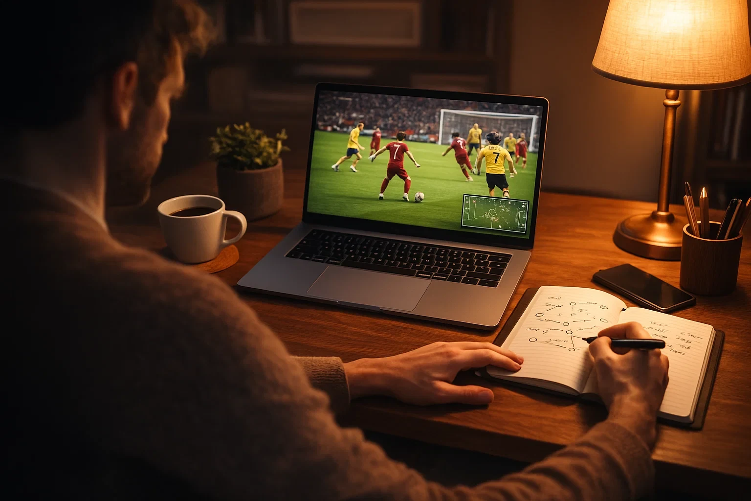 Pessoa a ver jogo de futebol no computador portátil e a tomar notas