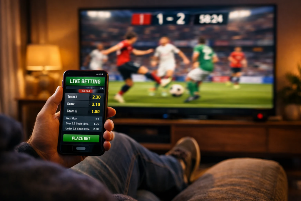 Apostas ao vivo - pessoa a acompanhar jogo de futebol na televisão enquanto consulta odds em tempo real no telemóvel