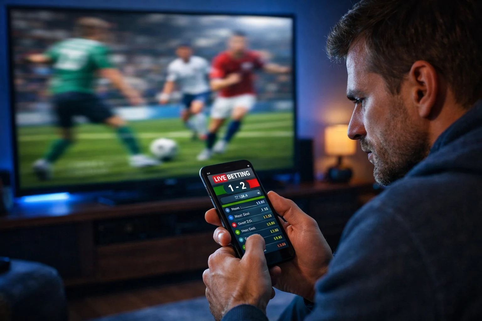 Pessoa a assistir jogo de futebol na televisao com smartphone na mao para apostas em tempo real