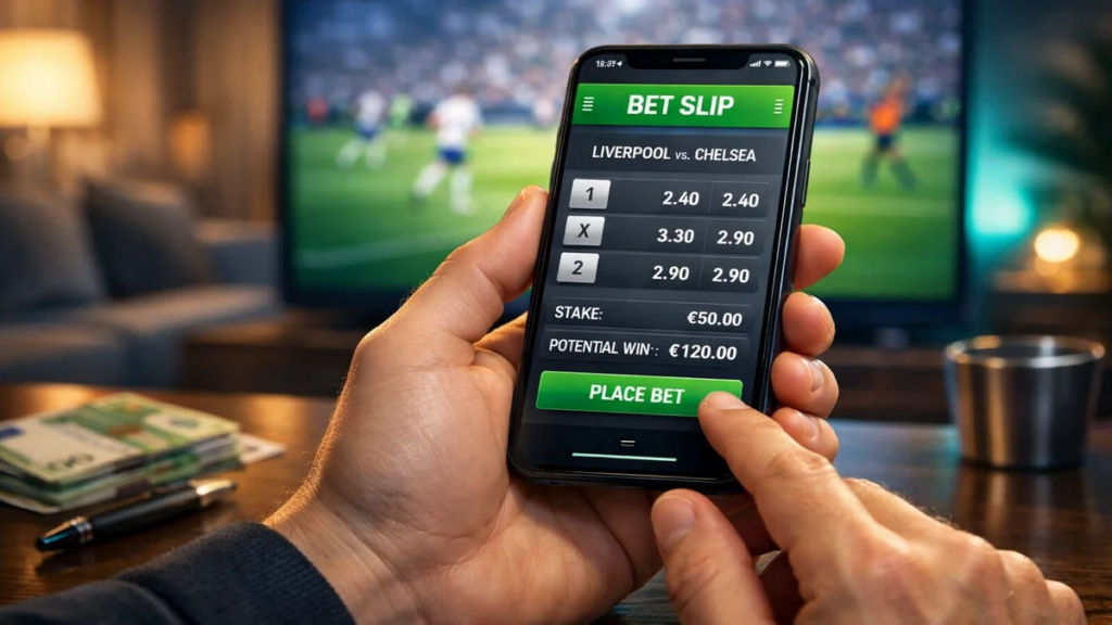 Guia completo de apostas desportivas - pessoa a consultar odds de futebol no smartphone com jogo a decorrer na televisão