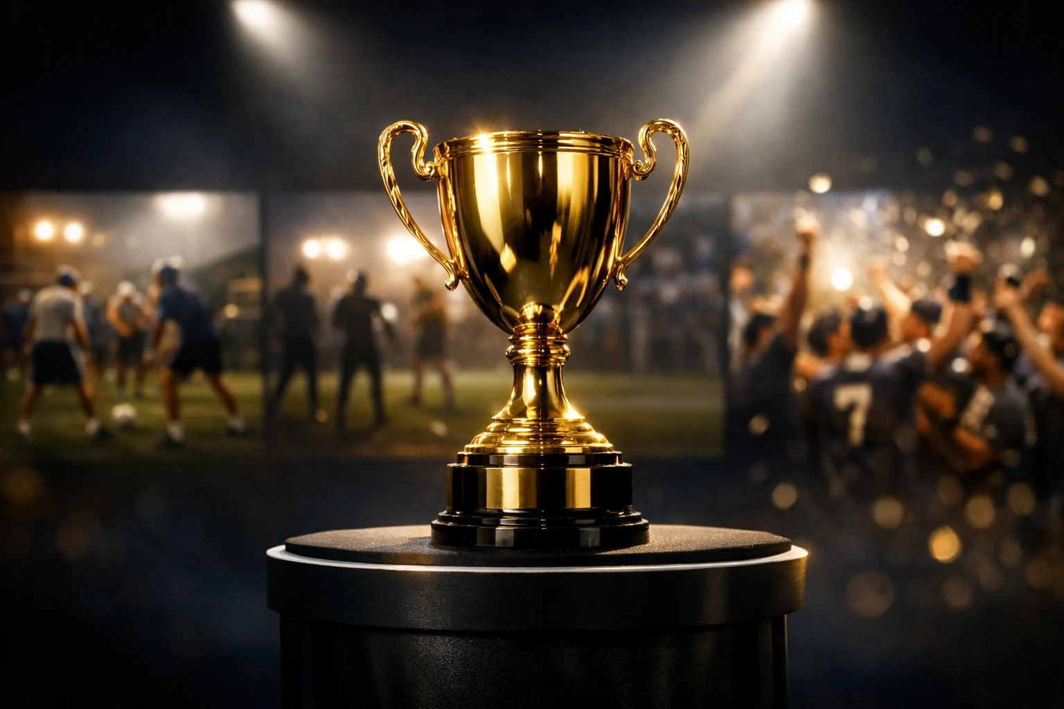 Trofeu de campeonato dourado sob holofote simbolizando apostas de longo prazo