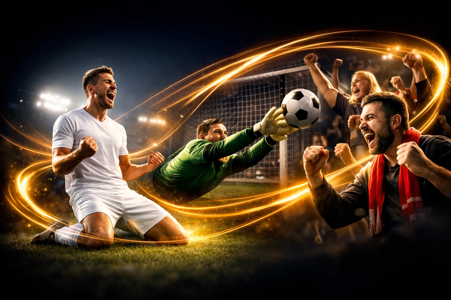 Montagem criativa de multiplos momentos desportivos conectados por trilhas de luz