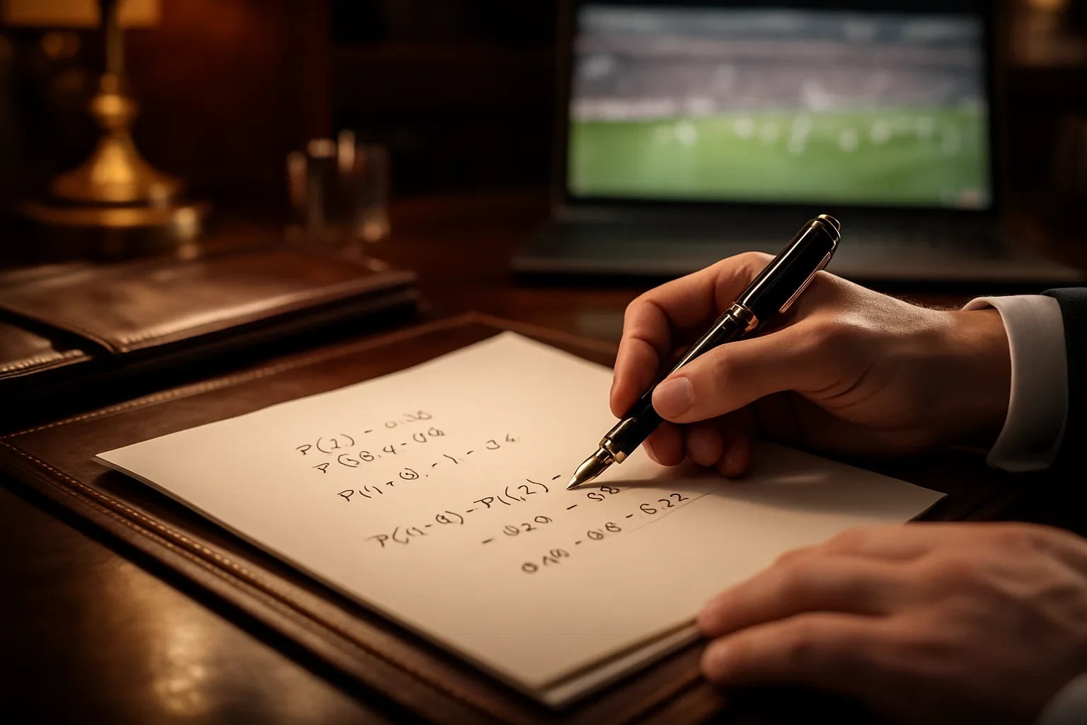 Maos a escrever calculos elegantes em papel premium com caneta de tinta