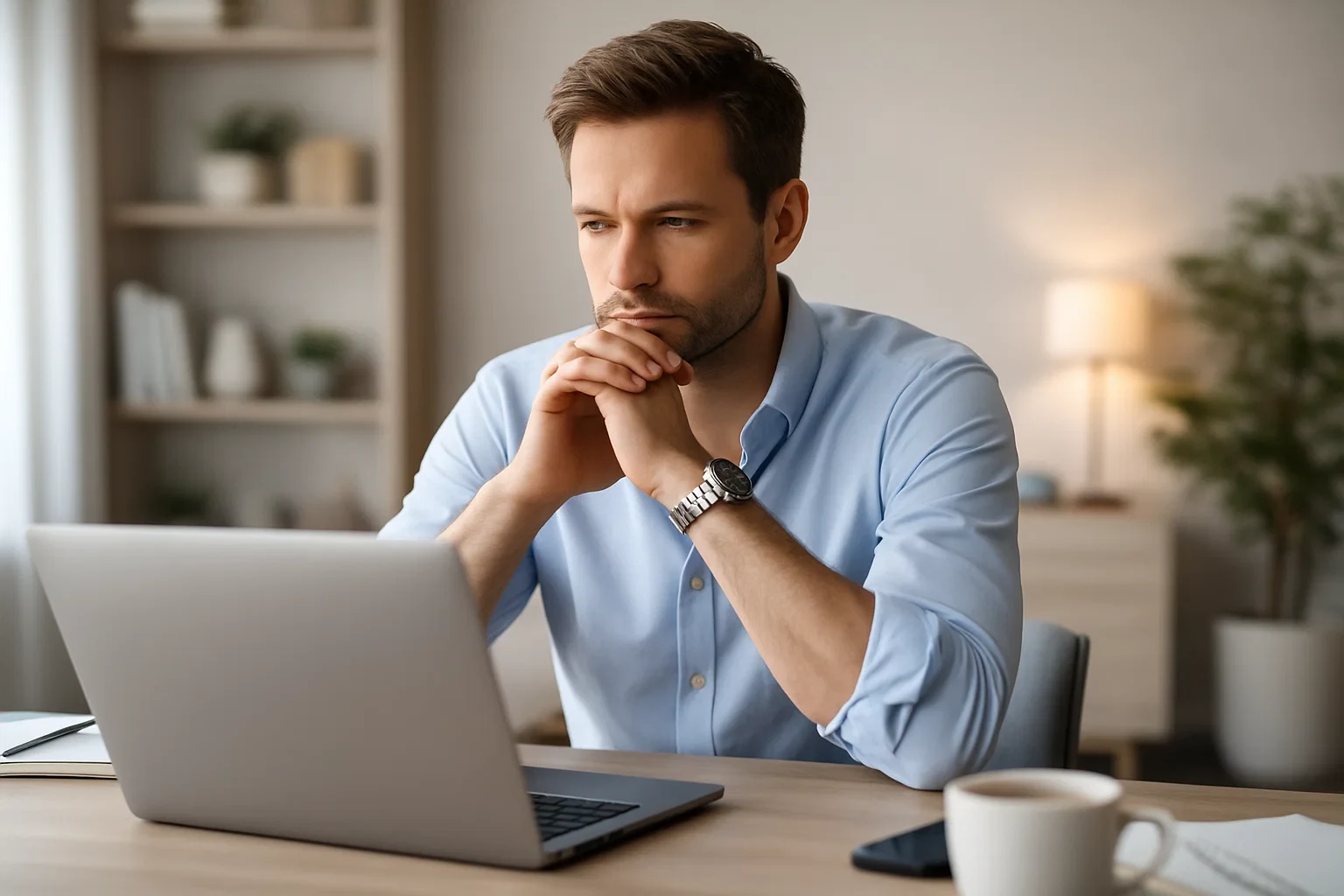 Pessoa sentada calmamente a olhar para o computador com expressão contemplativa