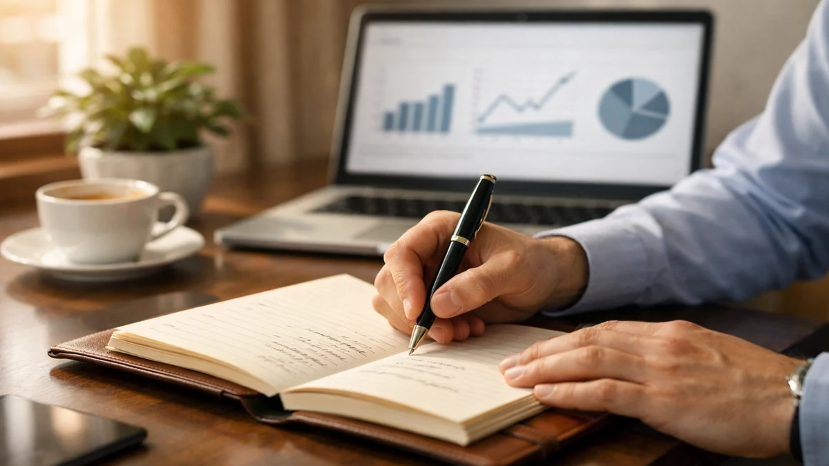 Mãos a escrever num caderno com computador portátil e gráficos ao fundo
