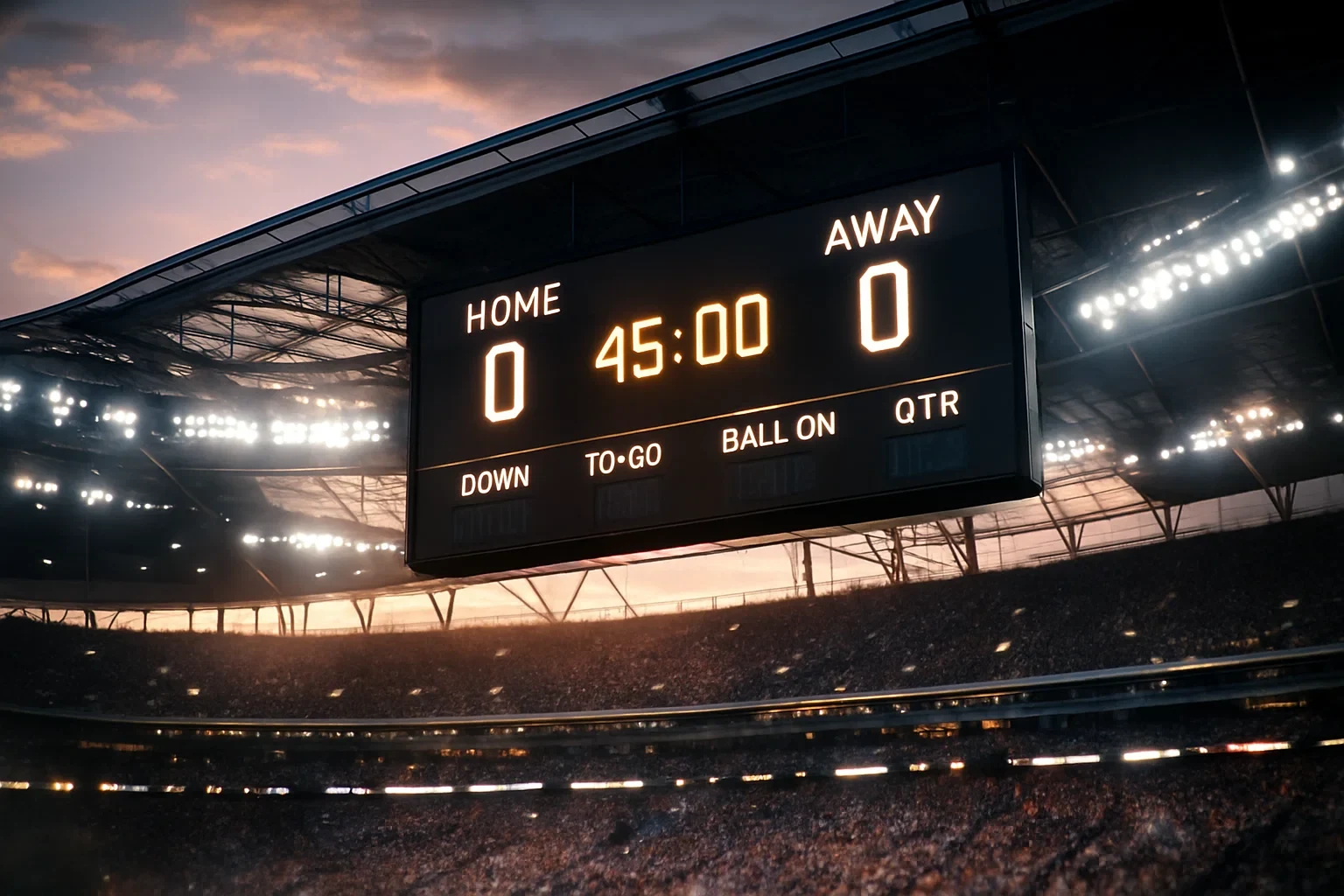 Placar digital de estádio moderno a mostrar resultado de jogo