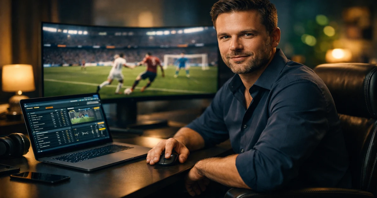 Ambiente moderno de apostas desportivas com monitor exibindo jogo de futebol