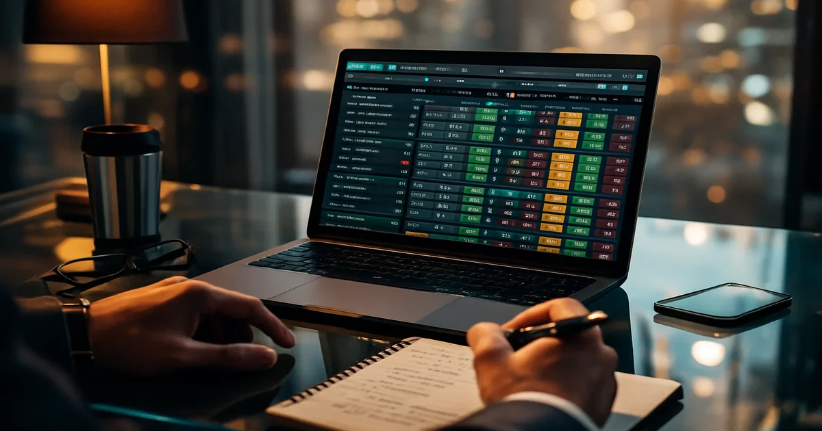 Ambiente de analise de apostas desportivas com laptop exibindo odds e estatisticas