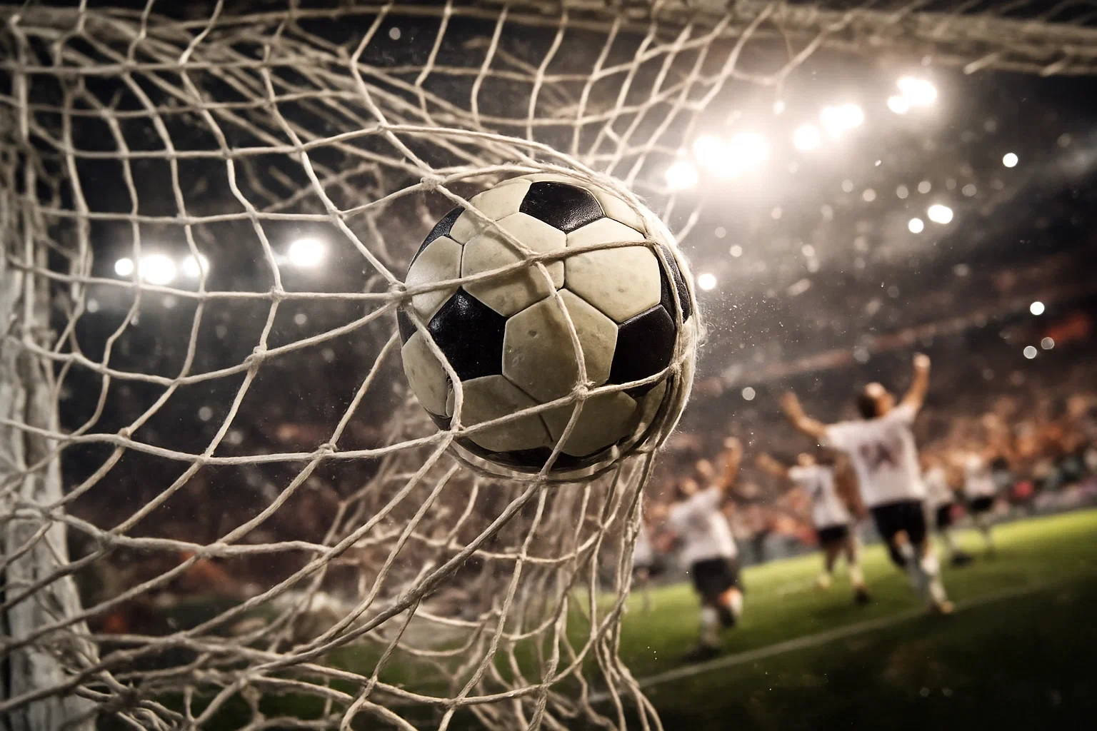 Bola de futebol a bater na rede da baliza no momento do golo