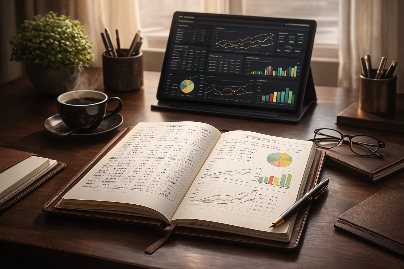 Espaco de trabalho organizado com caderno de registos e graficos de analise de apostas
