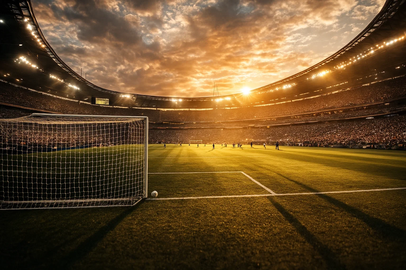 Jogadores de futebol em disputa de bola com adeptos da equipa da casa no fundo