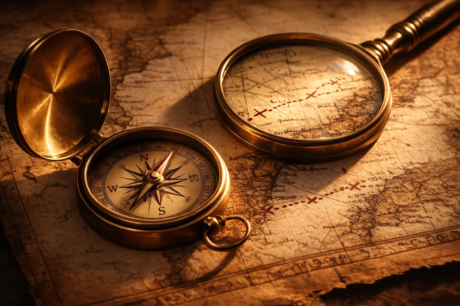 Bussola sobre mapa antigo simbolizando navegacao estrategica nas decisoes de apostas